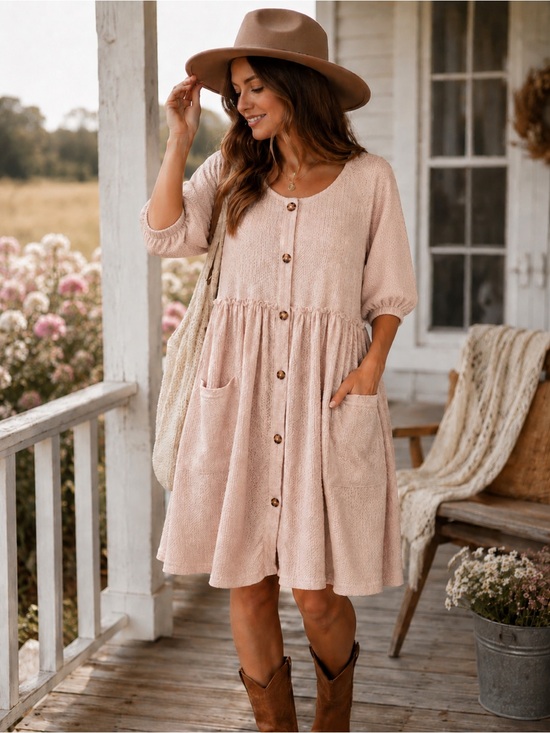 Umgee Dresses & Skirts - Umgee Blush Waffle Knit Babydoll Dress Medium Oversized Cottagecore Boho Pockets